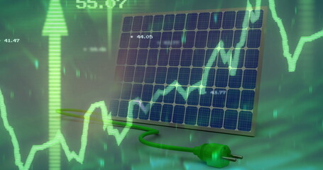Poster - Image of diagrams and solar panels over data processing