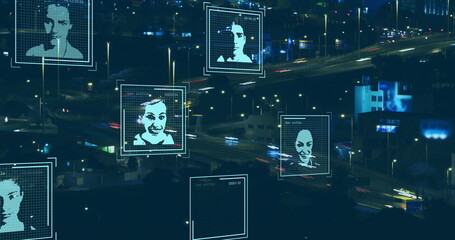 Poster - Image of people icons and data processing over cityscape