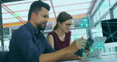 Poster - Image of globe of connections with icons over diverse businesspeople using electronic devices