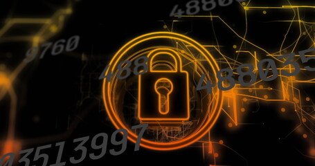 Poster - Image of data processing over padlock icon with network of connections on black background