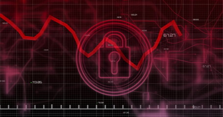 Poster - Image of padlock and data processing over grid on dark background