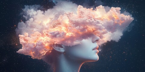 Poster - Dreamy clouded visions cosmic space surreal art mystical environment profile view imagination exploration