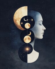 Poster - Celestial harmony woman's profile in lunar phases cosmic space digital art dreamlike atmosphere