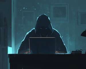 Poster - A hooded figure typing on a laptop in a dark room with glowing blue light, symbolizing cybercrime, hacking, and digital security in a futuristic cyberpunk environment