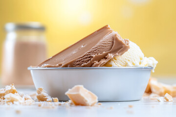 Delicious vanilla and chocolate ice cream scoops in a bowl with crumbly pieces