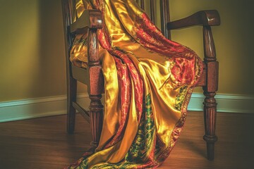 Poster - Elegant Draped Silk Fabric on a Wooden Chair in a Cozy Room