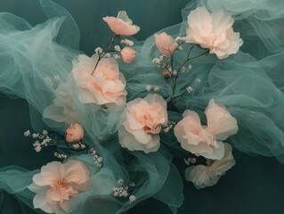 Poster - Delicate floral arrangement studio soft textiles top-down view aesthetic beauty