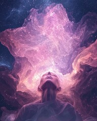 Poster - Celestial awakening ethereal figure in cosmic space digital art mystical environment surreal viewpoint