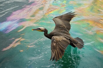 Poster - Seabird struggles amidst oil spill in ocean with rainbow sheen reflecting off the surface. Generative AI