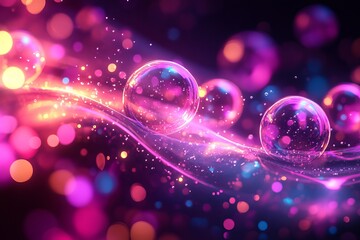 Poster - Abstract Pink Bubbles Glowing Light Neon Background Digital Art Vibrant Color Shiny Sphere Gradient Texture Design Element Fantasy Magical            