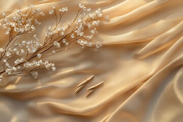 Poster - Elegant Silk Fabric with Decorative Branch and Golden Pens