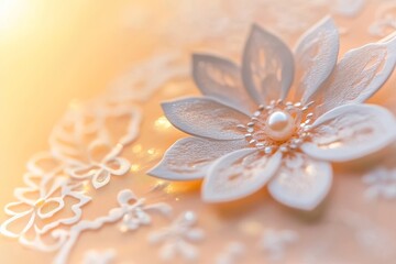 Aufkleber - Elegant White Petal Flower on Soft Peach Background with Pearl Center