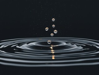 Poster - Water droplets create ripples close-up nature dark background serene mood