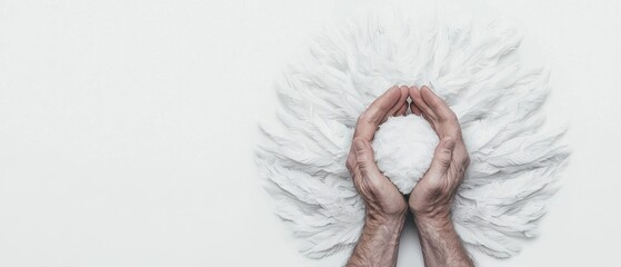 Poster - Hands cradling heart-shaped cloud minimalistic studio conceptual art white background close-up emotions