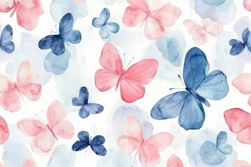 Sticker - Seamless watercolor butterfly pattern in pastel pink and light blue on a white background