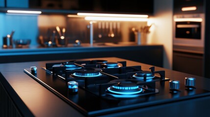 Poster - Stylish modern kitchen features vibrant blue flames on a sleek gas stove, creating an inviting atmosphere for cooking. Generative AI
