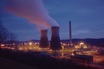 Poster - Power plant emits steam and smoke at dusk with lights illuminating the facility and surrounding hills in the background. Generative AI