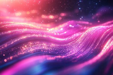 Poster - Abstract Pink Purple Glittering Waves Digital Art Background Modern Elegant Design Festive Sparkling Texture Flowing Lines Shiny Particles Light      