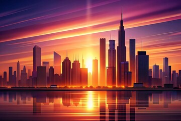 Poster - Sleek Cityscape Silhouette Sunset: Modern Urban Mobile Wallpaper