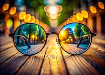 Poster - Sleek Wooden Desk, Circular Glasses, Bokeh Digital Landscape Reflection
