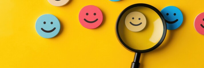 Aufkleber - Exploring colorful smiley faces through a magnifying glass on a bright yellow background. Generative AI