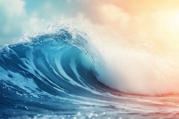 Wall Mural - majestic blue ocean wave crashing against shore under bright sky