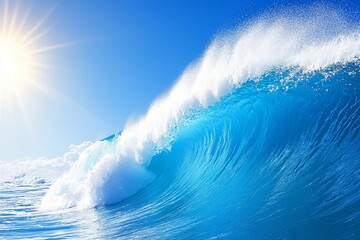 Wall Mural - majestic ocean wave crashing under bright blue sky and sunlight