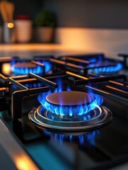 Aufkleber - Stylish kitchen featuring blue gas flames on a modern stove creating an inviting cooking atmosphere. Generative AI