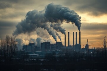 Aufkleber - Industrial facility emits smoke during sunset in a cloudy sky with a dramatic backdrop of power lines. Generative AI