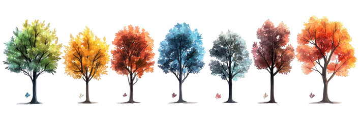 Poster - Vibrant seasonal trees in watercolor illustrations nature background artistic landscape colorful environment