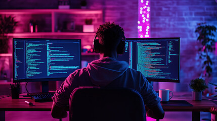 Programmer with headphones in front of monitors with codes