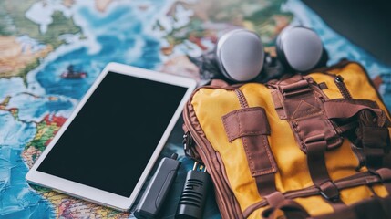 Poster - Compact travel technology set with a tablet, portable speaker, and universal adapter on a dark blue background.
