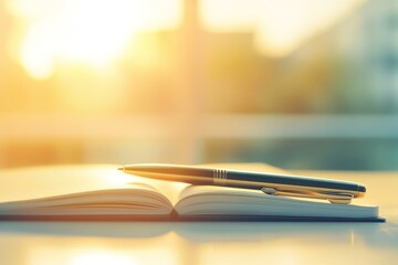 Poster - Pen and open notebook with sunlight in soft focus background