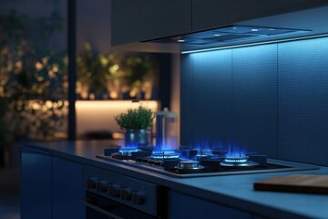 Poster - Modern kitchen featuring blue gas flames on a stylish stove with contemporary design elements. Generative AI