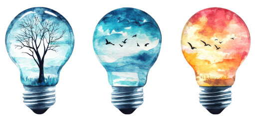 Poster - Creative watercolor light bulbs illustrating nature artistic background colorful environment inspiring concepts