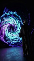 Poster - A cloaked person stands silhouetted against a swirling galaxy filled with bright colors and intricate patterns, creating an enchanting atmosphere.
