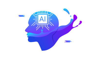Poster - Creative abstract splash illustration. Human head with purple waves ideas and blue futuristic splashes fantasy flight dynamic vector movement of consciousness.