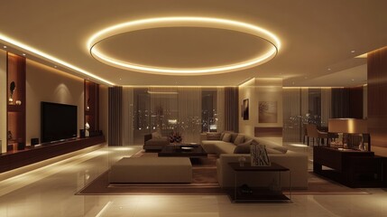 Poster - Large circular LED ceiling light acting as a modern focal point in a sleek living room.
