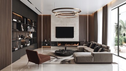 Poster - Large circular LED ceiling light acting as a modern focal point in a sleek living room.