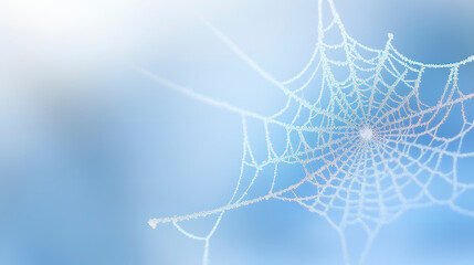 A delicate spider web covered in frost and dewdrops glistens against a soft blue background, creating an intricate and ethereal winter scene.  
