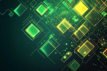 Wall Mural - Futuristic abstract design with glowing yellow and green squares on dark green background