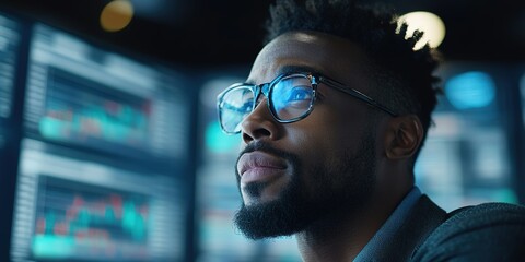 Poster - Focused professional analyzing market trends in a modern financial workspace during evening hours