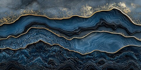 Poster - Elegant blue and gold abstract design with flowing patterns resembling mountains in a dark background