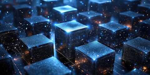 Fototapete - Exploring a futuristic digital landscape with glowing cubes and cascading particles