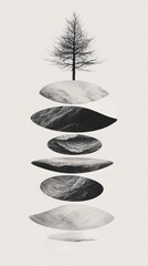 Poster - Floating layers of nature surreal tree and rocks minimalist art studio setting artistic perspective