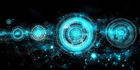 Poster - Futuristic digital interface with glowing blue circular patterns and intricate data representations