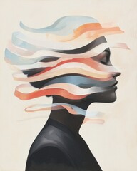 Poster - Dynamic abstract portrait of a woman with flowing colors artistic studio illustration creative environment side view conceptual art