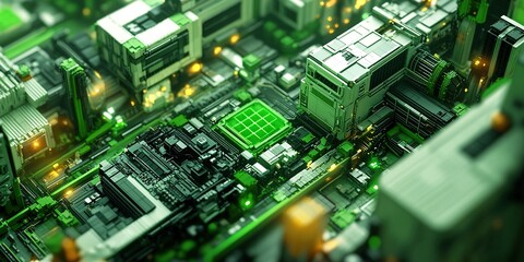 Poster - Exploring a detailed circuit board design with green lights and intricate components in a futuristic setting