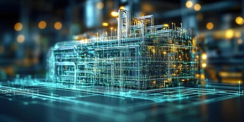 Poster - Digital representation of a futuristic industrial facility with glowing circuitry at night
