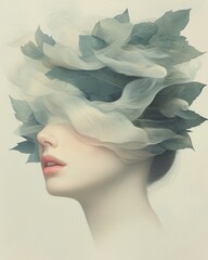 Poster - Artistic portrait of a woman with leaf elements studio setting digital artwork ethereal atmosphere side view nature inspiration